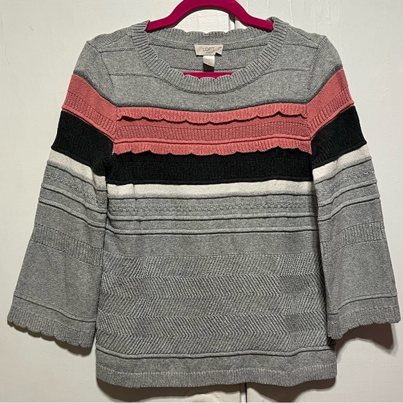 LOFT Scalloped Striped Sweater, Grey and Pink, Size Small - Picture 2 of 9